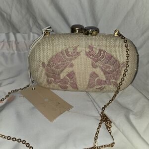 Pamela Munson Chic Beige and Pink Embroidered Clutch "1 Fish 2 Fish"